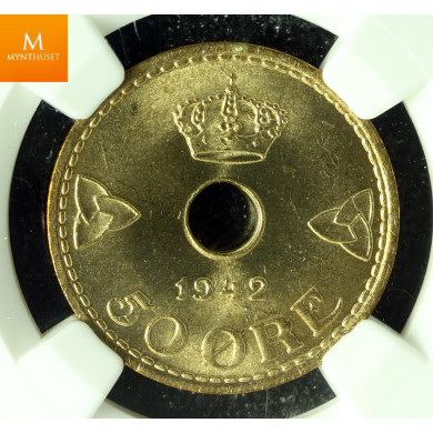 London 25 øre 1942 Kvalitet 0, NGC MS66 London 25 øre 1942 Kvalitet 0, NGC MS66