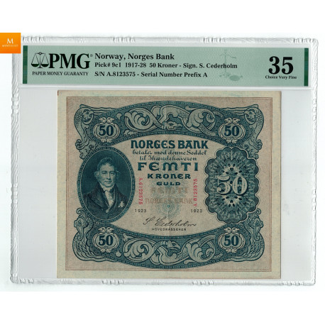 50 kroner1923 A6822713 kvalitet 1/1-, PMG VF25 Sjeldenhet SSS
