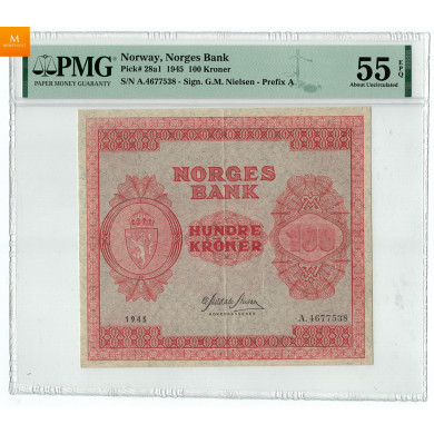 100 kroner 1945 A.4677538 Kvalitet: G1+, PMG AU55 EPQ