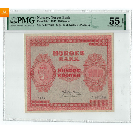 100 kroner 1945 A.4677538 Kvalitet: G1+, PMG AU55 EPQ