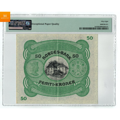 50 kroner 1929 B.0343743 Kvalitet: 1+/01, PMG AU58 EPQ S-Seddel