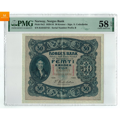 50 kroner 1929 B.0343743 Kvalitet: 1+/01, PMG AU58 EPQ S-Seddel