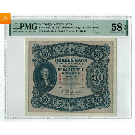 50 kroner 1929 B.0343743 Kvalitet: 1+/01, PMG AU58 EPQ S-Seddel