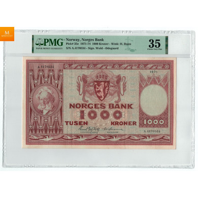 1000 kroner 1971 A.4170534 PMG VF35, kvalitet 1/1+ 1000 kroner 1971 A.4170534 PMG VF35, kvalitet 1/1+