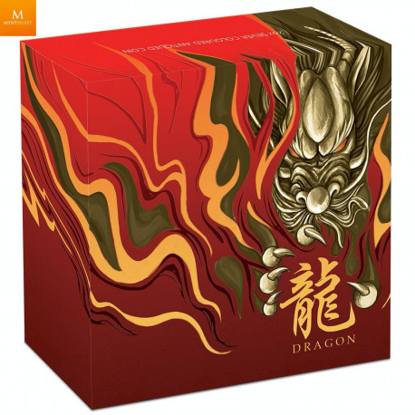 Nydelig!  TUVALU 2020 "DRAGON" 2 OZ  SØLV MED FARGE KVALITET ANTIKK MED SKRIN OG COA