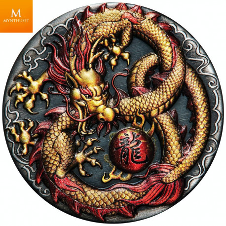 Nydelig!  TUVALU 2020 "DRAGON" 2 OZ  SØLV MED FARGE KVALITET ANTIKK MED SKRIN OG COA