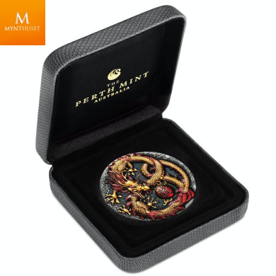 Nydelig!  TUVALU 2020 "DRAGON" 2 OZ  SØLV MED FARGE KVALITET ANTIKK MED SKRIN OG COA