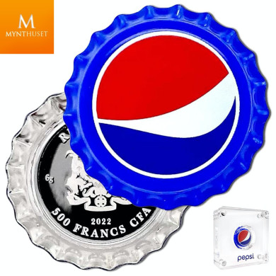 Chad 2022 PEPSI® SØLV MYNT "FLASKEKORK" FORMET MYNT I KVALITET PROFF MED SKIN OG COA Chad 2022 PEPSI® SØLV MYNT "FLASKEKORK" FORMET MYNT I KVALITET PROFF MED SKIN OG COA