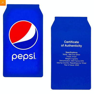Chad 2022 PEPSI® SØLV MYNT "FLASKEKORK" FORMET MYNT I KVALITET PROFF MED SKIN OG COA Chad 2022 PEPSI® SØLV MYNT "FLASKEKORK" FORMET MYNT I KVALITET PROFF MED SKIN OG COA