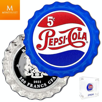 Chad 2022 PEPSI® SØLV MYNT "FLASKEKORK" FORMET MYNT I KVALITET PROFF MED SKIN OG COA Chad 2022 PEPSI® SØLV MYNT "FLASKEKORK" FORMET MYNT I KVALITET PROFF MED SKIN OG COA