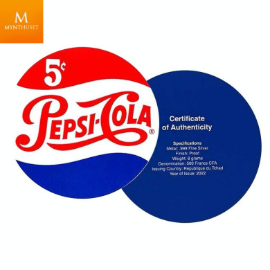 Chad 2022 PEPSI® SØLV MYNT "FLASKEKORK" FORMET MYNT I KVALITET PROFF MED SKIN OG COA Chad 2022 PEPSI® SØLV MYNT "FLASKEKORK" FORMET MYNT I KVALITET PROFF MED SKIN OG COA
