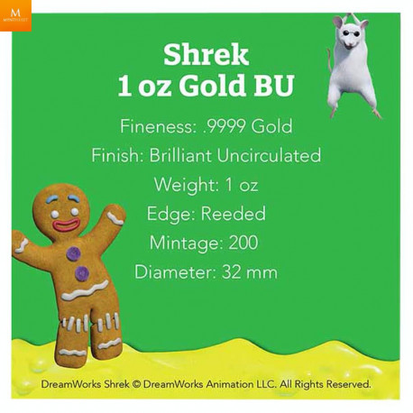 NYHET! Niue 2021 SHREK™  1 OZ GULL 250 $ Kvalitet: BU OPPLAG KUN 200 mynter