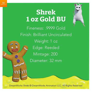 NYHET! Niue 2021 SHREK™  1 OZ GULL 250 $ Kvalitet: BU OPPLAG KUN 200 mynter NYHET! Niue 2021 SHREK™  1 OZ GULL 250 $ Kvalitet: BU OPPLAG KUN 200 mynter
