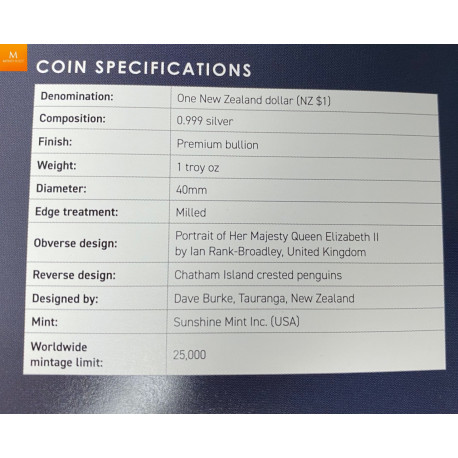 New Zealand 2020 "CRESTED PENGUIN"  1oz sølv i kapsel med ekthetsbevis