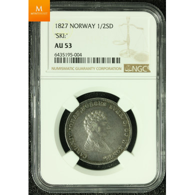 1/2 Speciedaler 1827 kvalitet 1+/01, NGC AU53