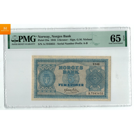 5 kroner 1945 A.7345655 kvalitet 0 , PMG MS65 EPQ