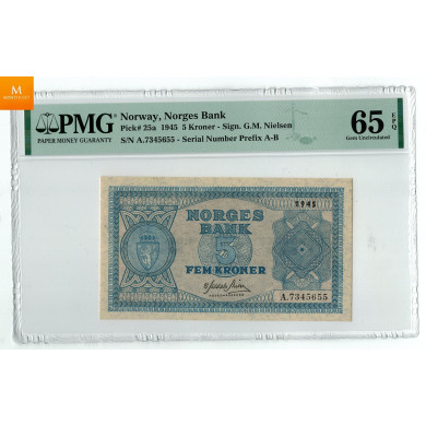 5 kroner 1945 A.7345655 kvalitet 0 , PMG MS65 EPQ 5 kroner 1945 A.7345655 kvalitet 0 , PMG MS65 EPQ