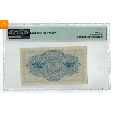 5 kroner 1945 A.7345655 kvalitet 0 , PMG MS65 EPQ 5 kroner 1945 A.7345655 kvalitet 0 , PMG MS65 EPQ