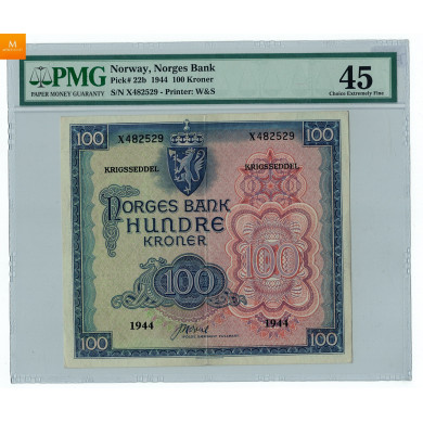 100 KRONER LONDON 1944 X, PMG CHOICE XF45, kvalitet 1+