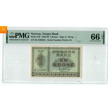 1 krone 1949 M.7599655 kvalitet 0 , PMG MS66 EPQ