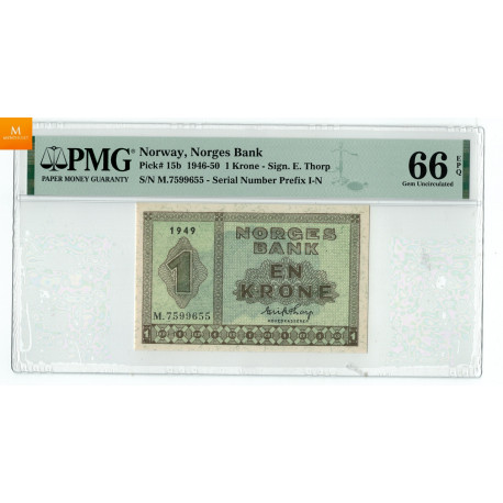 1 krone 1949 M.7599655 kvalitet 0 , PMG MS66 EPQ