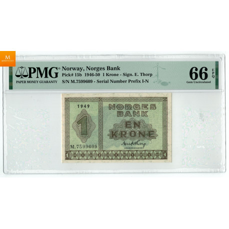 2 stk 1 krone 1949 M.7599609 og 10 i nummerrekkefølge i kvalitet 0, PMG MS66 EPQ