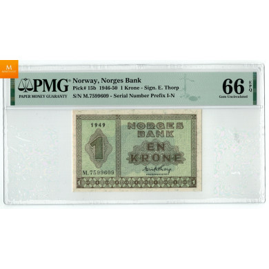 2 stk 1 krone 1949 M.7599609 og 10 i nummerrekkefølge i kvalitet 0, PMG MS66 EPQ