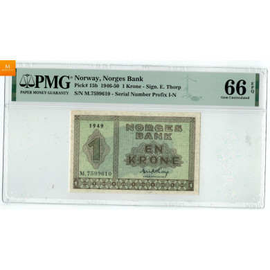 2 stk 1 krone 1949 M.7599609 og 10 i nummerrekkefølge i kvalitet 0, PMG MS66 EPQ