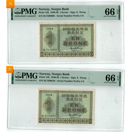 2 stk 1 krone 1949 M.7599609 og 10 i nummerrekkefølge i kvalitet 0, PMG MS66 EPQ