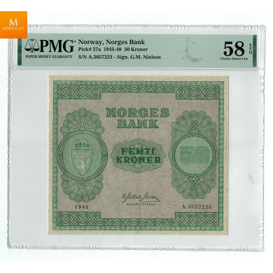 50 kroner 1945 A.3657223 Kvalitet 01, PMG Au58 EPQ 50 kroner 1945 A.3657223 Kvalitet 01, PMG Au58 EPQ
