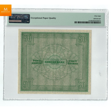 50 kroner 1945 A.3657223 Kvalitet 01, PMG Au58 EPQ 50 kroner 1945 A.3657223 Kvalitet 01, PMG Au58 EPQ
