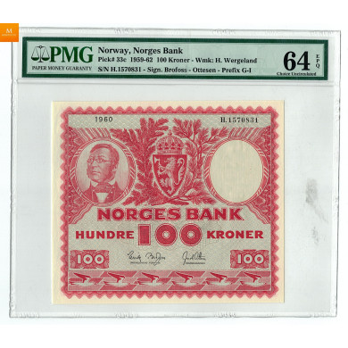100 kroner 1960 H.1570831 kvalitet 0, NGC MS64EPQ 100 kroner 1960 H.1570831 kvalitet 0, NGC MS64EPQ