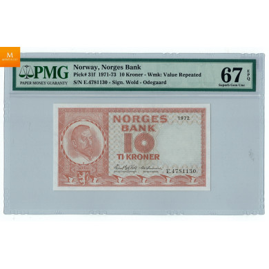 10 kroner 1972 E.4781130 Kvalitet 0, NGC MS67 EPQ 10 kroner 1972 E.4781130 Kvalitet 0, NGC MS67 EPQ