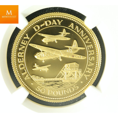 Alderney gull 50 pund 1994 D-day kvalitet Proof, NGC PF69 Alderney gull 50 pund 1994 D-day kvalitet Proof, NGC PF69
