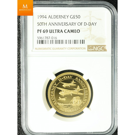 Alderney gull 50 pund 1994 D-day kvalitet Proof, NGC PF69