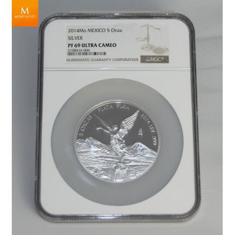 MEXICO LIBERTAD 2014 5 OZ SØLV KVALITET PROOF, NGC PF&) UC