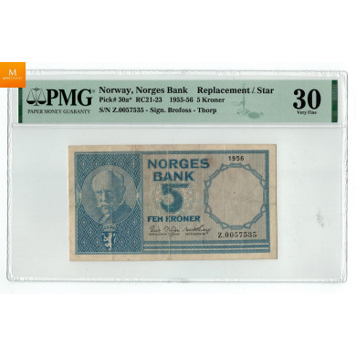5 kroner 1956 Z.0057535 erstatningsseddel. Kv.1/1- 5 kroner 1956 Z.0057535 erstatningsseddel. Kv.1/1-