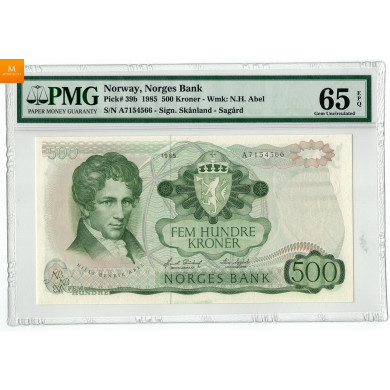 500 Kroner 1985 A7154566 PMG 65 EPQ, kvalitet 0 500 Kroner 1985 A7154566 PMG 65 EPQ, kvalitet 0