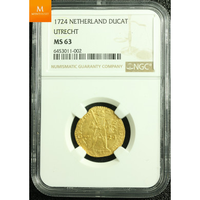 Rundeskatten gull dukat 1724 Utrecht kvalitet 0/01, NGC MS64 Rundeskatten gull dukat 1724 Utrecht kvalitet 0/01, NGC MS64