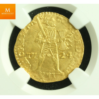 Rundeskatten gull dukat 1724 Utrecht kvalitet 0/01, NGC MS64 Rundeskatten gull dukat 1724 Utrecht kvalitet 0/01, NGC MS64