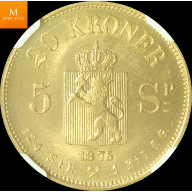 20 kroner/5 SP 1875 kvalitet 0/01, NGC MS66 20 kroner/5 SP 1875 kvalitet 0/01, NGC MS66