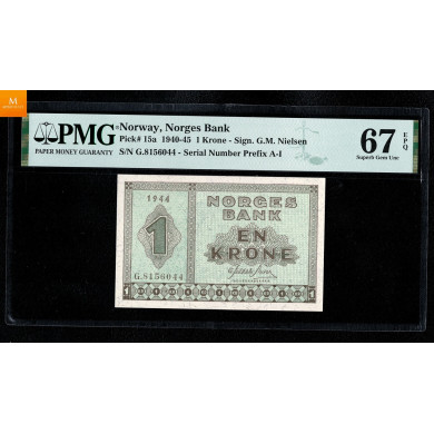 1 krone 1944 G.8156044 kvalitet 0, PMG MS67 EPQ