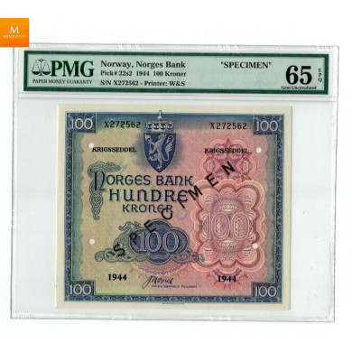 100 kroner 1944 X specimen kvalitet 0, PMG MS65 EPQ EX Oslo Mynthandel