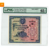 100 kroner 1944 X specimen kvalitet 0, PMG MS65 EPQ EX Oslo Mynthandel