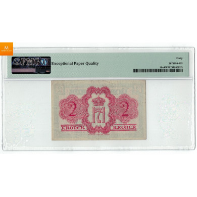 2 kroner London 1942 A648218 kvalitet G01, PMG AU58EPQ 2 kroner London 1942 A648218 kvalitet G01, PMG AU58EPQ