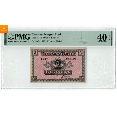 2 kroner London 1942 A648218 kvalitet G01, PMG AU58EPQ 2 kroner London 1942 A648218 kvalitet G01, PMG AU58EPQ