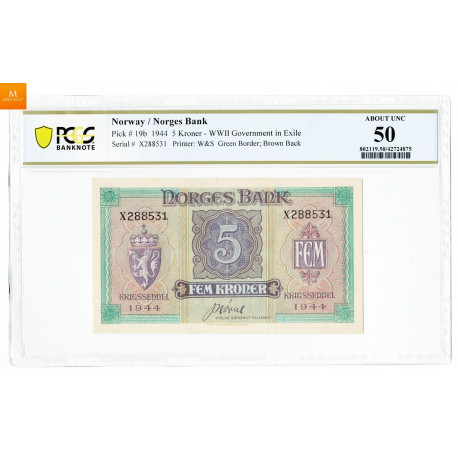 5 kroner 1944 X288531 kvalitet 1/1+, PCGS AU50