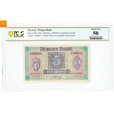5 kroner 1944 X288531 kvalitet 1/1+, PCGS AU50 5 kroner 1944 X288531 kvalitet 1/1+, PCGS AU50