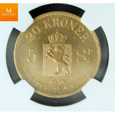 20 kroner 1875 kvalitet 0/01 , NGC MS64 20 kroner 1875 kvalitet 0/01 , NGC MS64