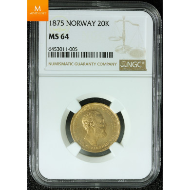 20 kroner 1875 kvalitet 0/01 , NGC MS64 20 kroner 1875 kvalitet 0/01 , NGC MS64